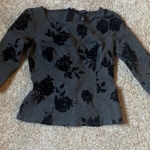 White House Black Market Gray Top with Black Floral Flocked Design